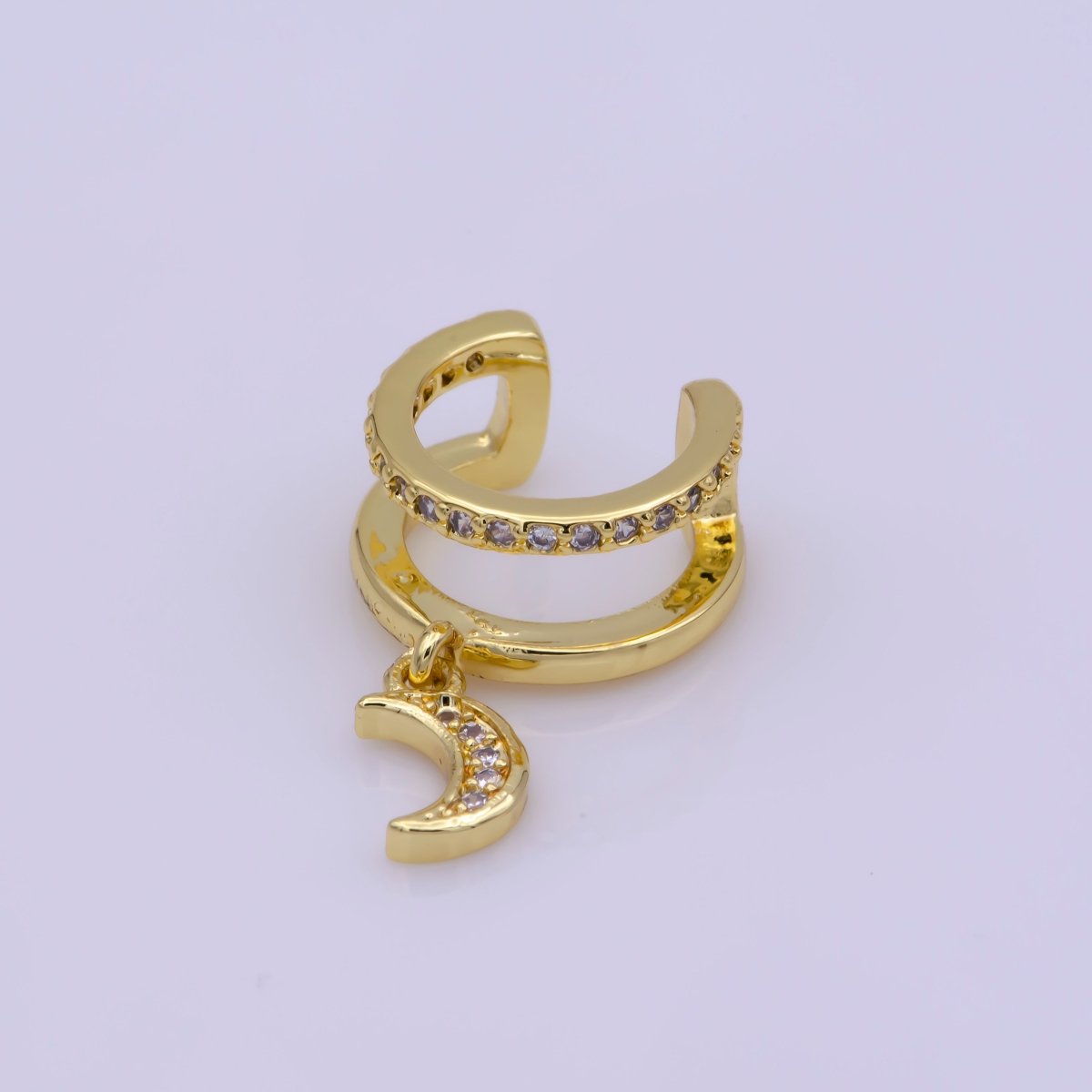 Double Band Micro Paved CZ Celestial Moon Dangle Charm Gold Filled Cartilage Ear Cuff Earrings | AI-165