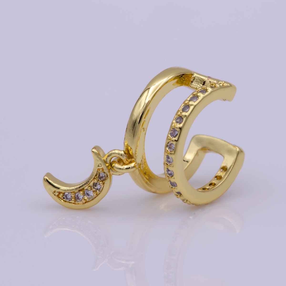 Double Band Micro Paved CZ Celestial Moon Dangle Charm Gold Filled Cartilage Ear Cuff Earrings | AI-165