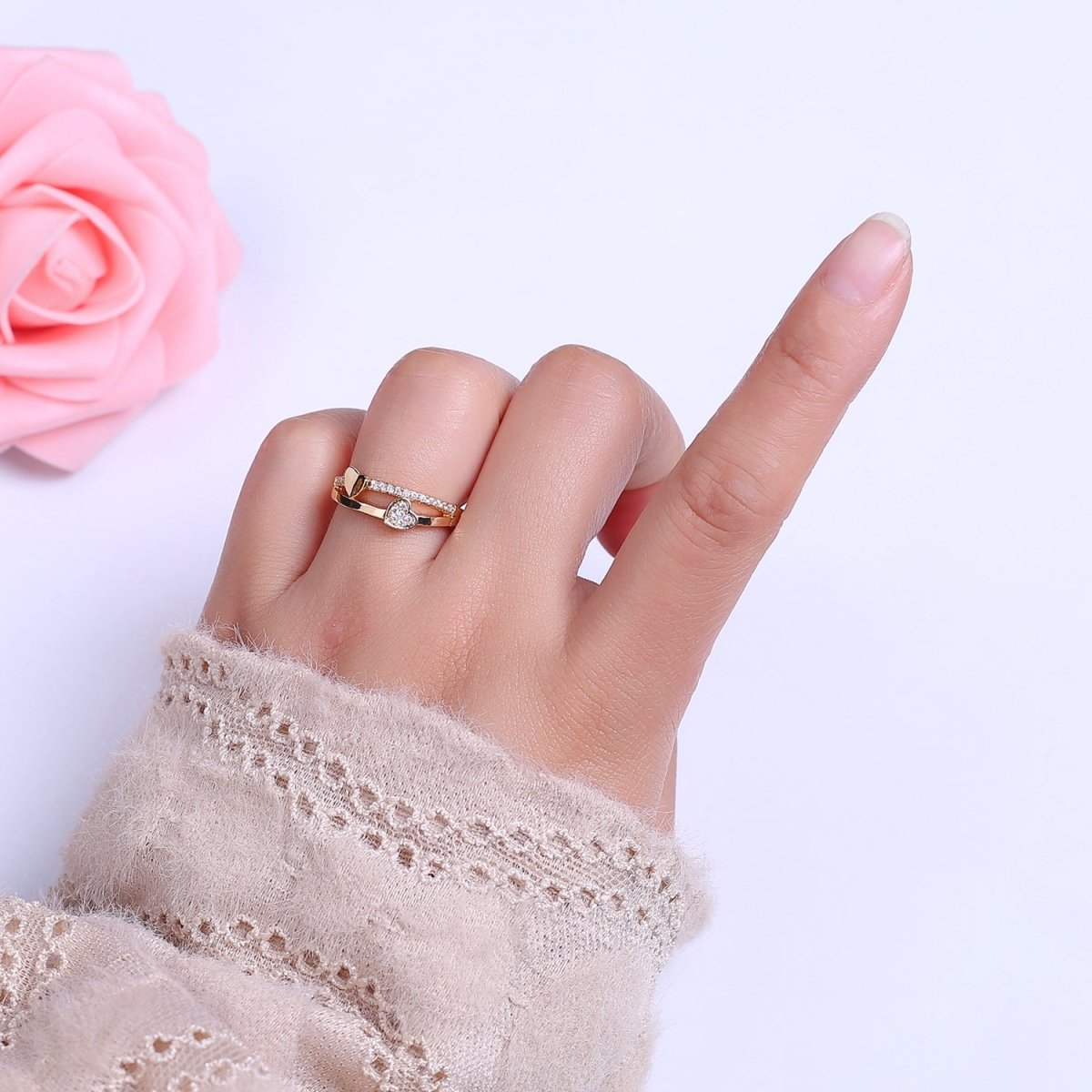 Double Heart Ring Gold Filled Dainty CZ Love Jewelry  S-508