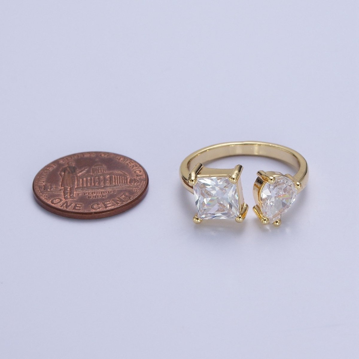 Double Pink/Clear Cubic Zirconia Baguette Square & Teardrop Gold Open Ring | R-042 R-098