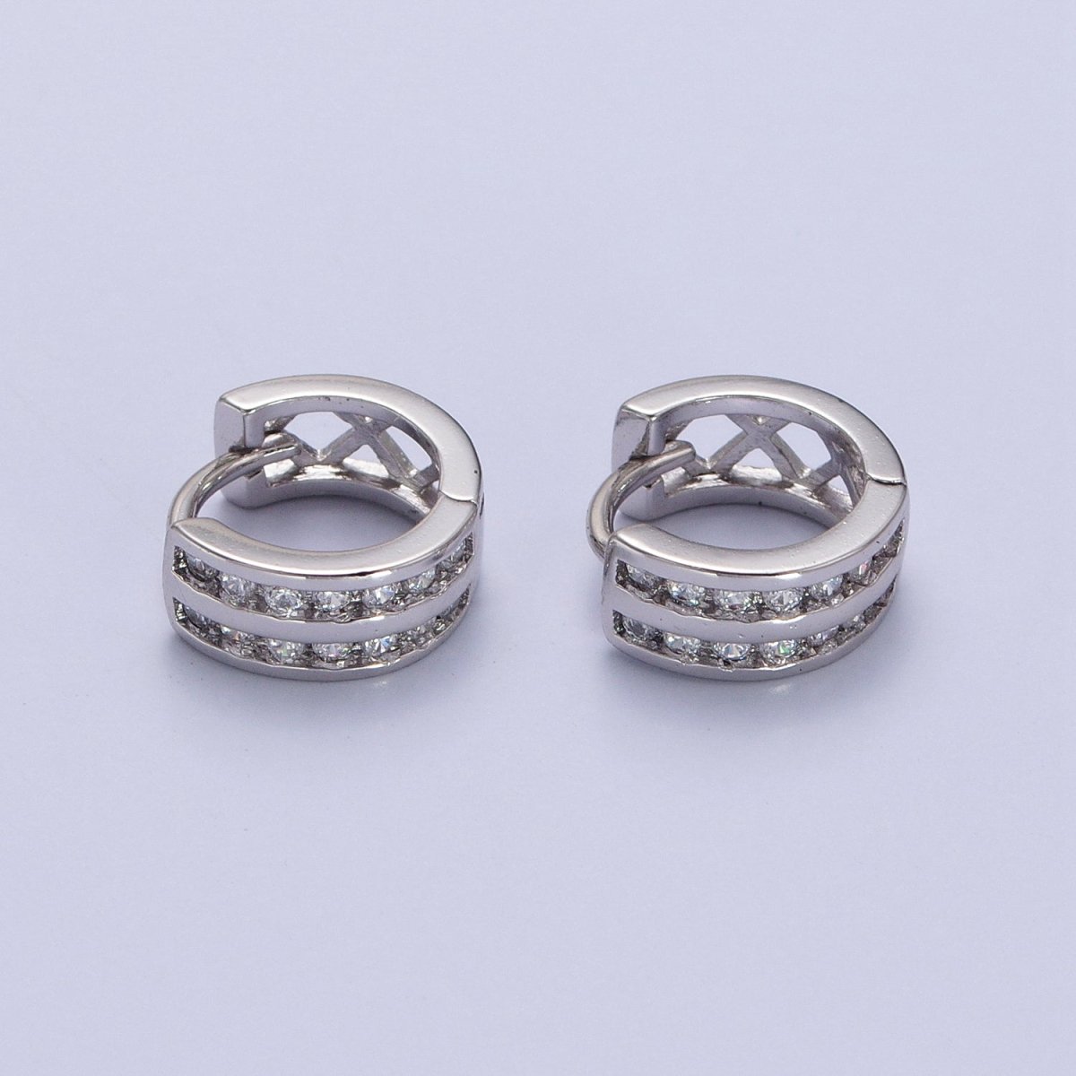 Double Round Clear CZ Bar 10mm Silver Huggie Earrings | AB130