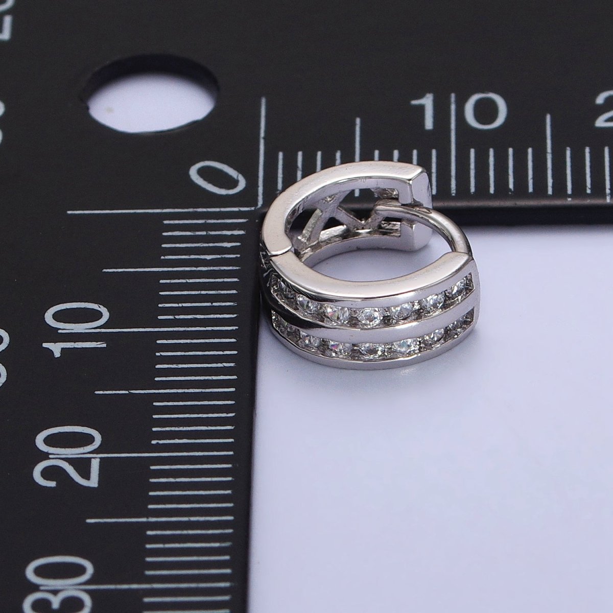 Double Round Clear CZ Bar 10mm Silver Huggie Earrings | AB130