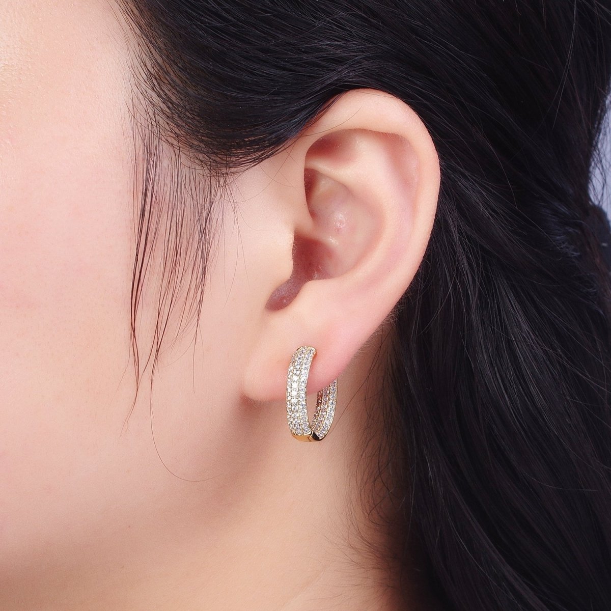 Double Sided Clear Micro Paved CZ 14K Gold Huggie Hoops Statement Earrings | AD-063