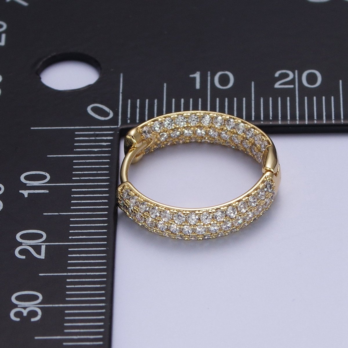 Double Sided Clear Micro Paved CZ 14K Gold Huggie Hoops Statement Earrings | AD-063