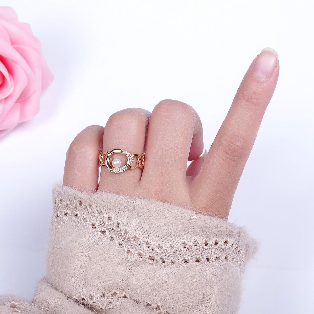 Elegant Dainty Pearl Gold Bold Chain Micro pave Cubic Zirconia Stone Adjustable Promise Ring U-220