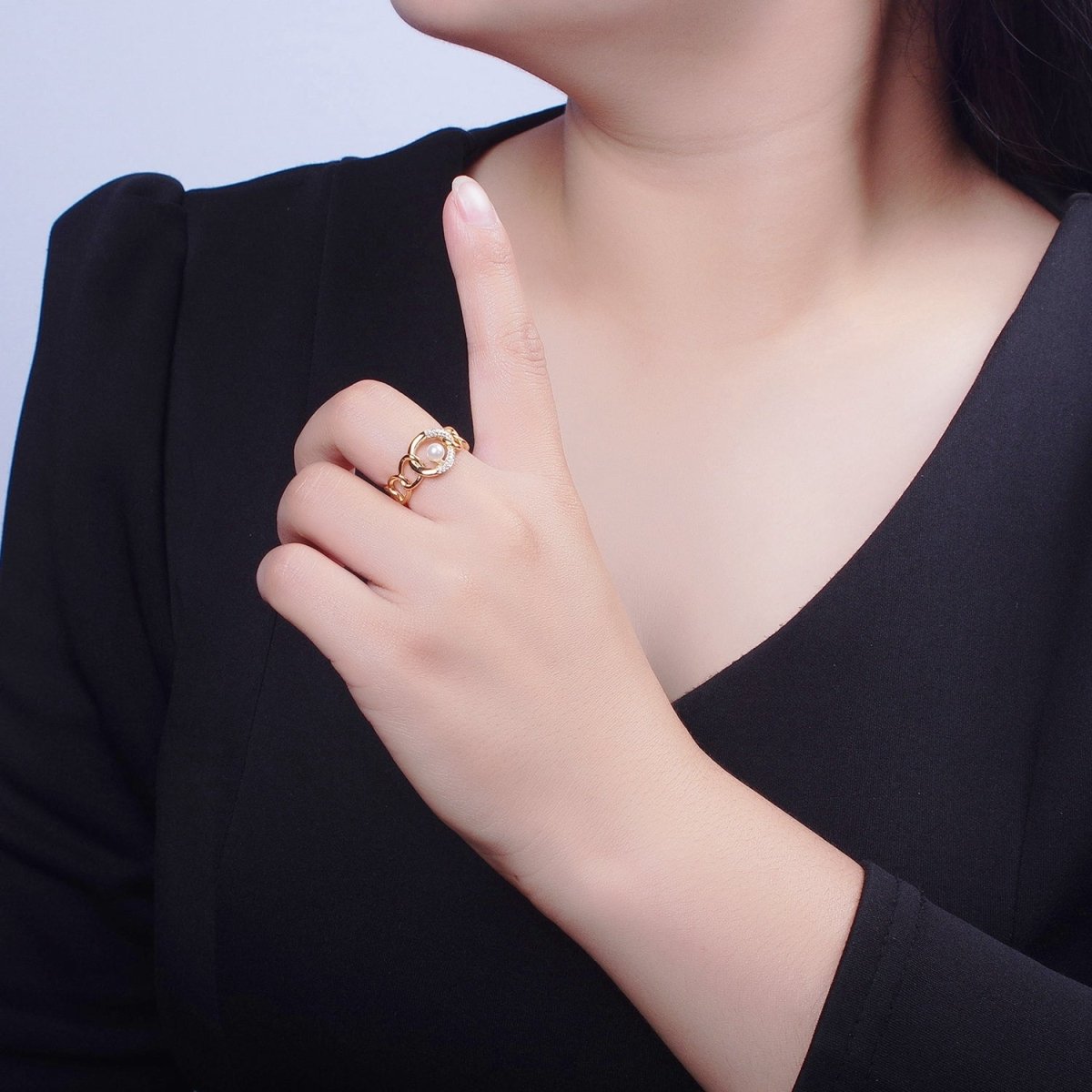 Elegant Dainty Pearl Gold Bold Chain Micro pave Cubic Zirconia Stone Adjustable Promise Ring U-220