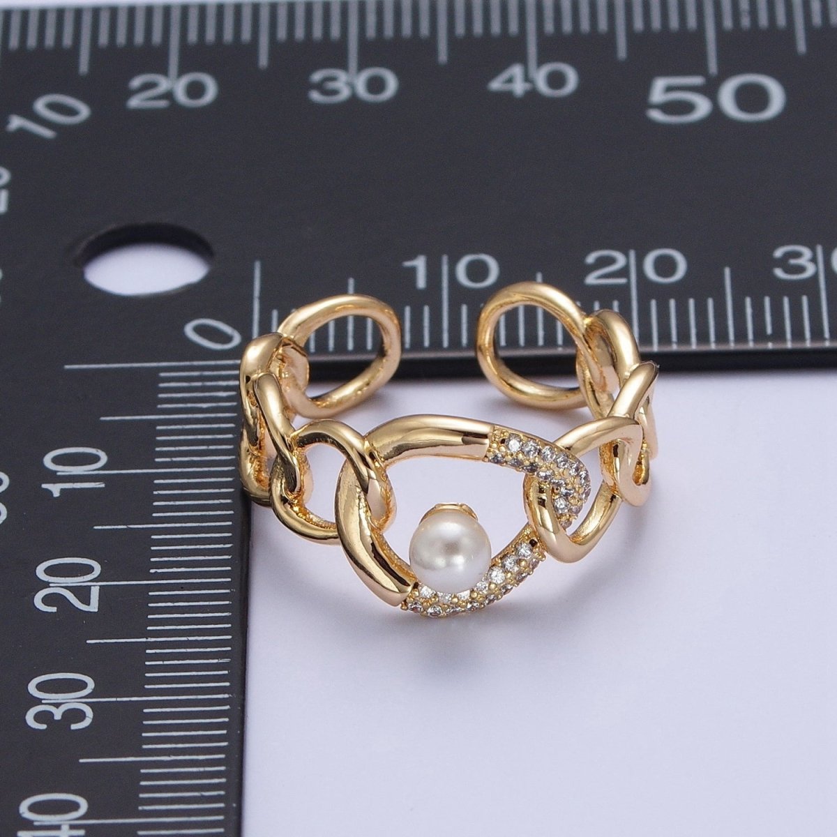 Elegant Dainty Pearl Gold Bold Chain Micro pave Cubic Zirconia Stone Adjustable Promise Ring U-220