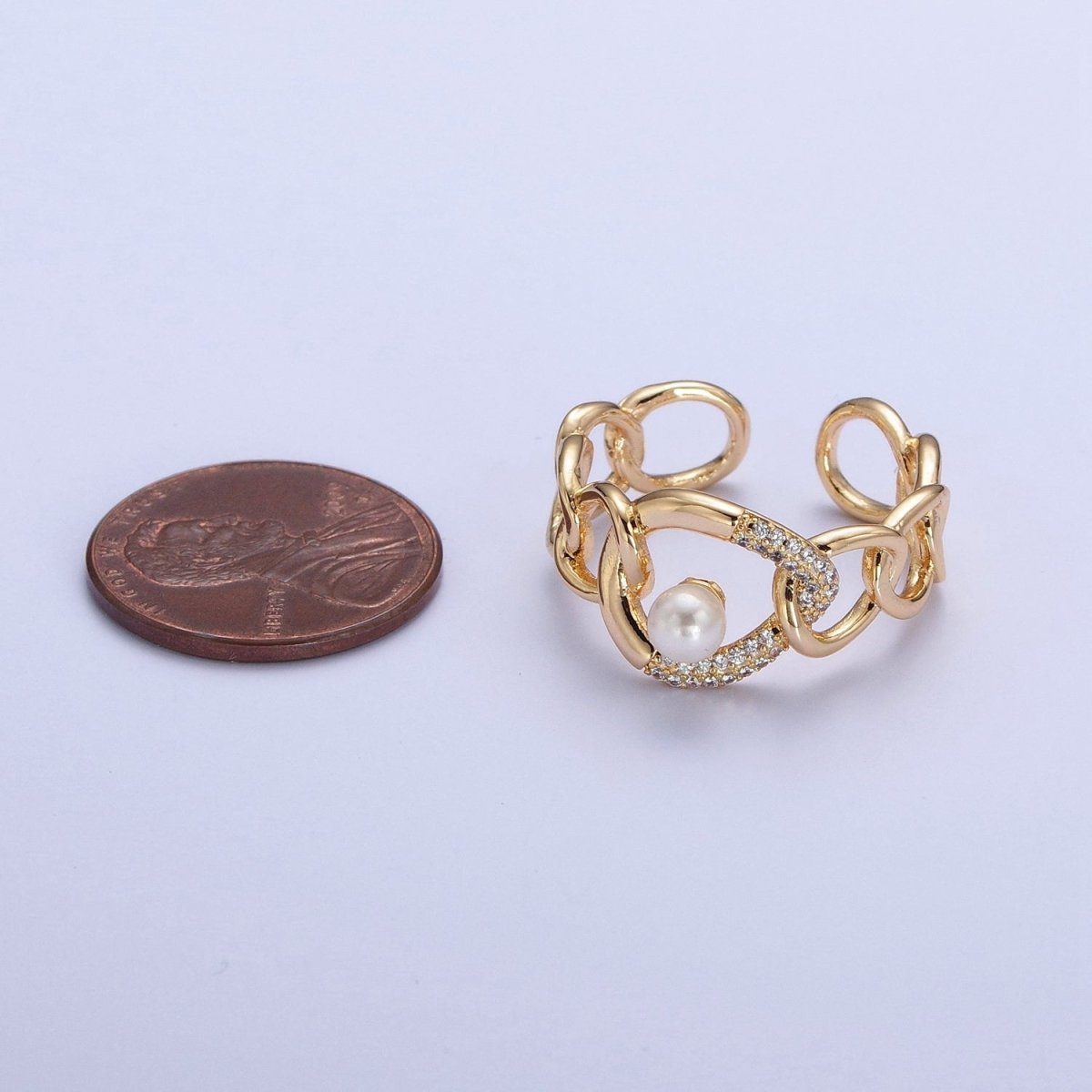 Elegant Dainty Pearl Gold Bold Chain Micro pave Cubic Zirconia Stone Adjustable Promise Ring U-220