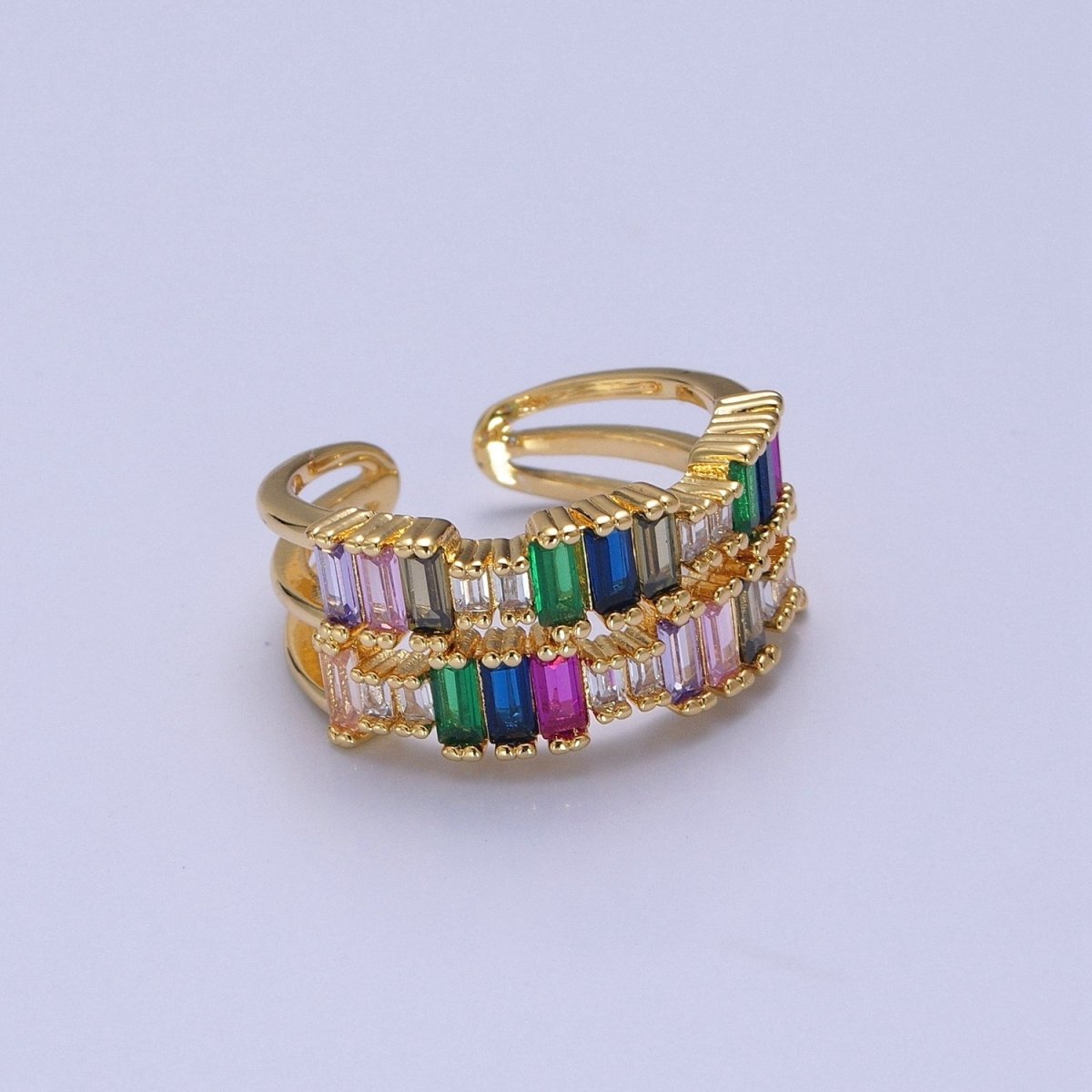 Elegant Double CZ Baguette Colorful Stone Gold Ring | Double Gold Band Ring Open Adjustable O-2130