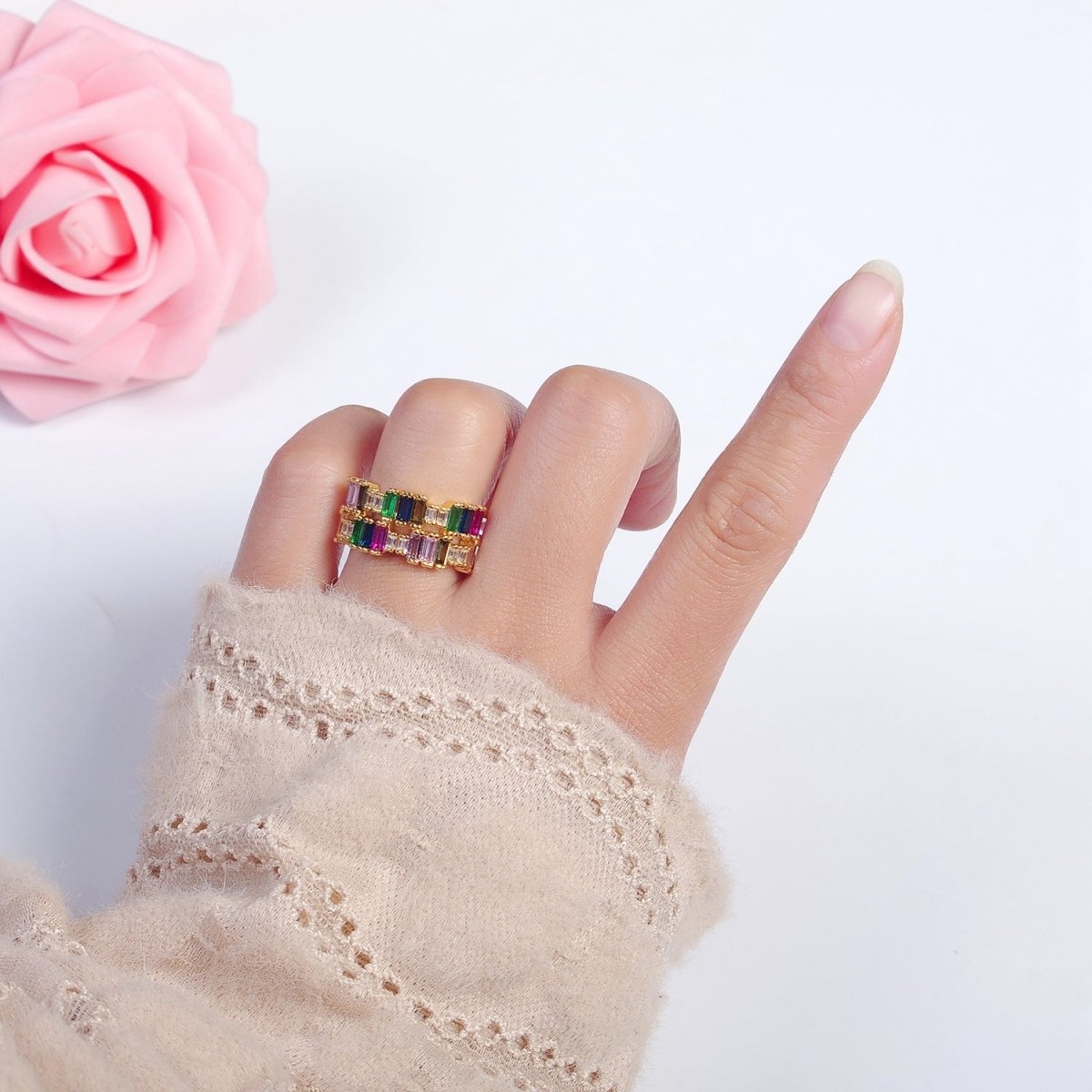 Elegant Double CZ Baguette Colorful Stone Gold Ring | Double Gold Band Ring Open Adjustable O-2130