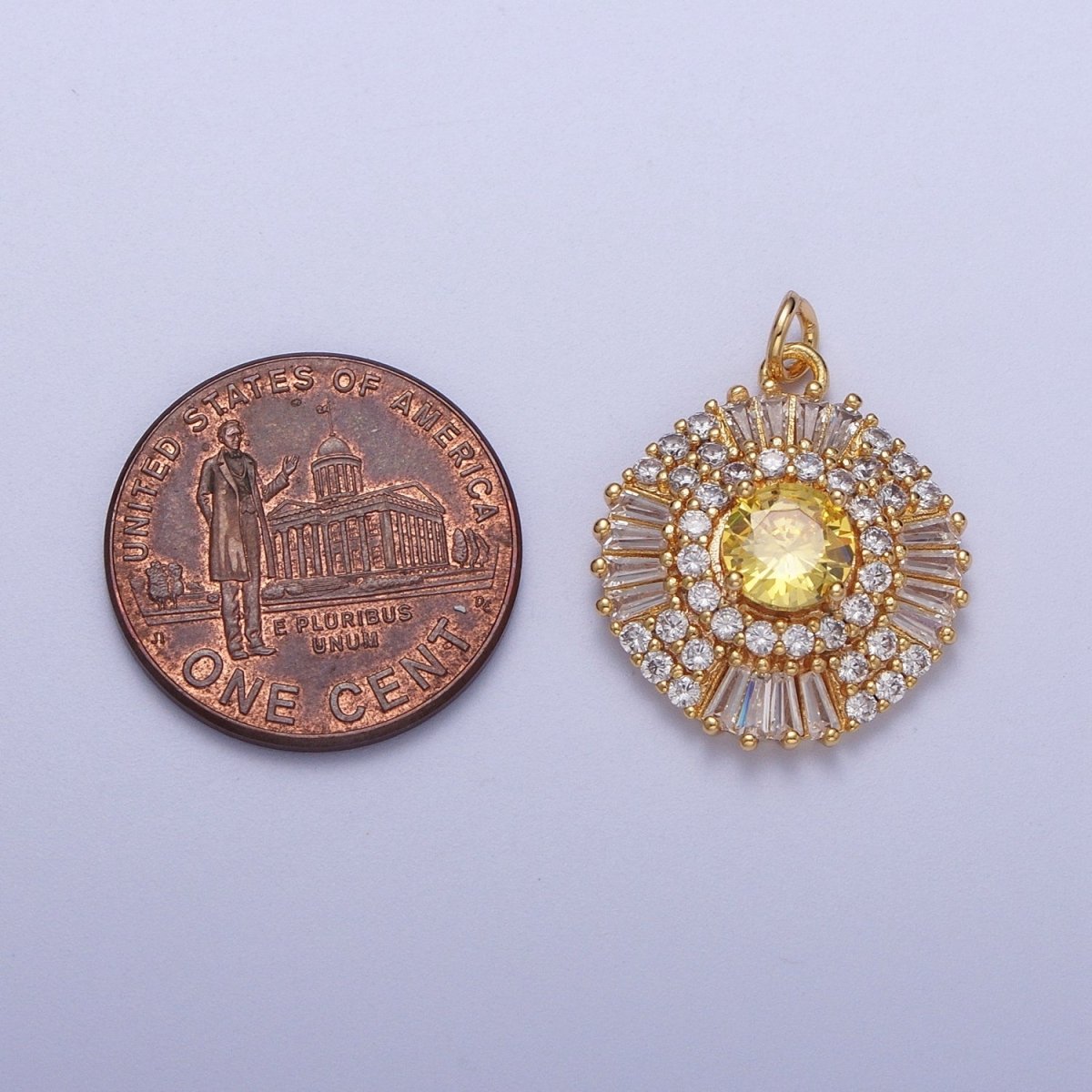 24K Gold Filled Yellow, Purple CZ Baguette Geometric Sunburst Charm | N172