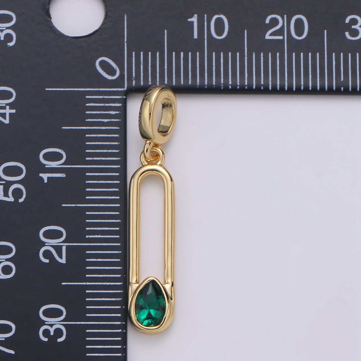 OS Emerald 24K Gold Filled Safety Pin Pendant, Teardrop Emerald Charm for Bracelet Earring Necklace H-237