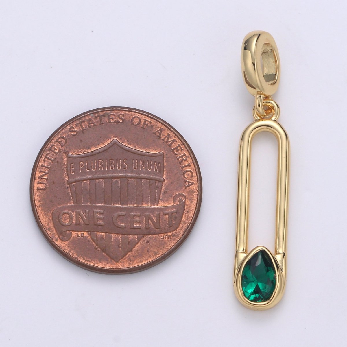 OS Emerald 24K Gold Filled Safety Pin Pendant, Teardrop Emerald Charm for Bracelet Earring Necklace H-237