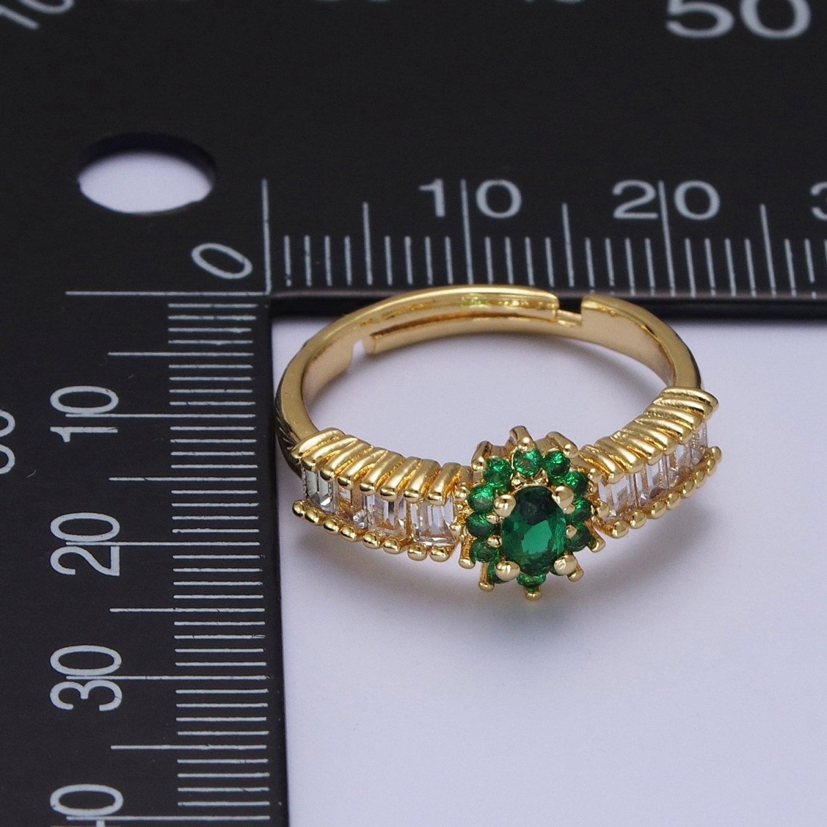 Emerald Green Celestial Sun Flower Clear Baguette Cubic Zirconia Band Ring | S-288
