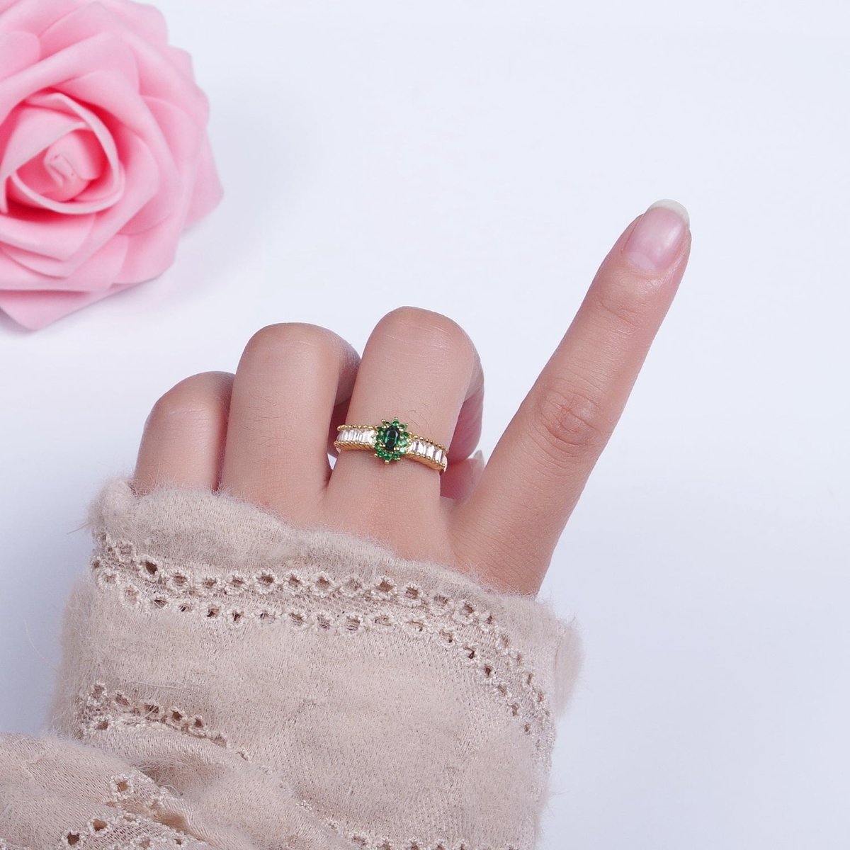 Emerald Green Celestial Sun Flower Clear Baguette Cubic Zirconia Band Ring | S-288