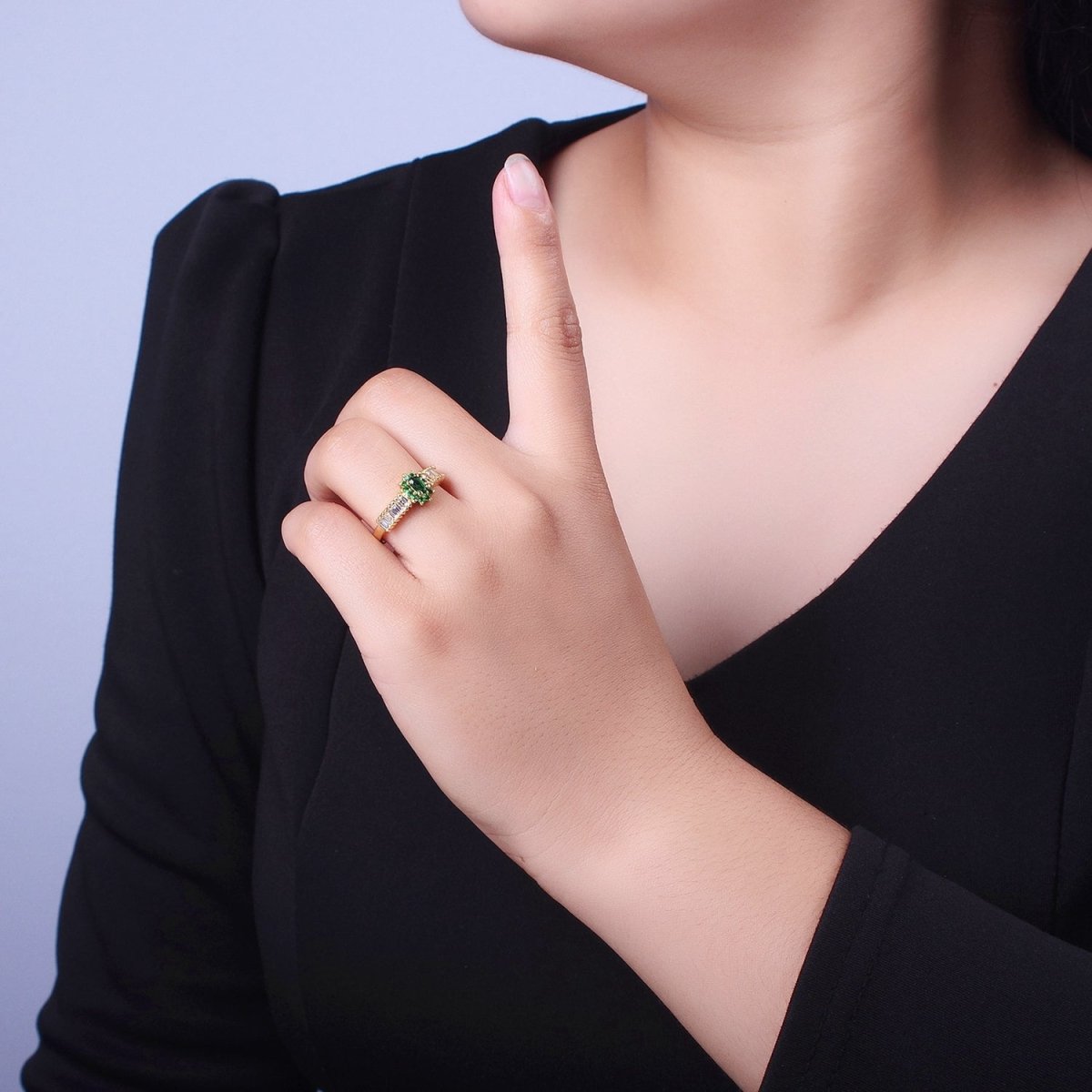 Emerald Green Celestial Sun Flower Clear Baguette Cubic Zirconia Band Ring | S-288