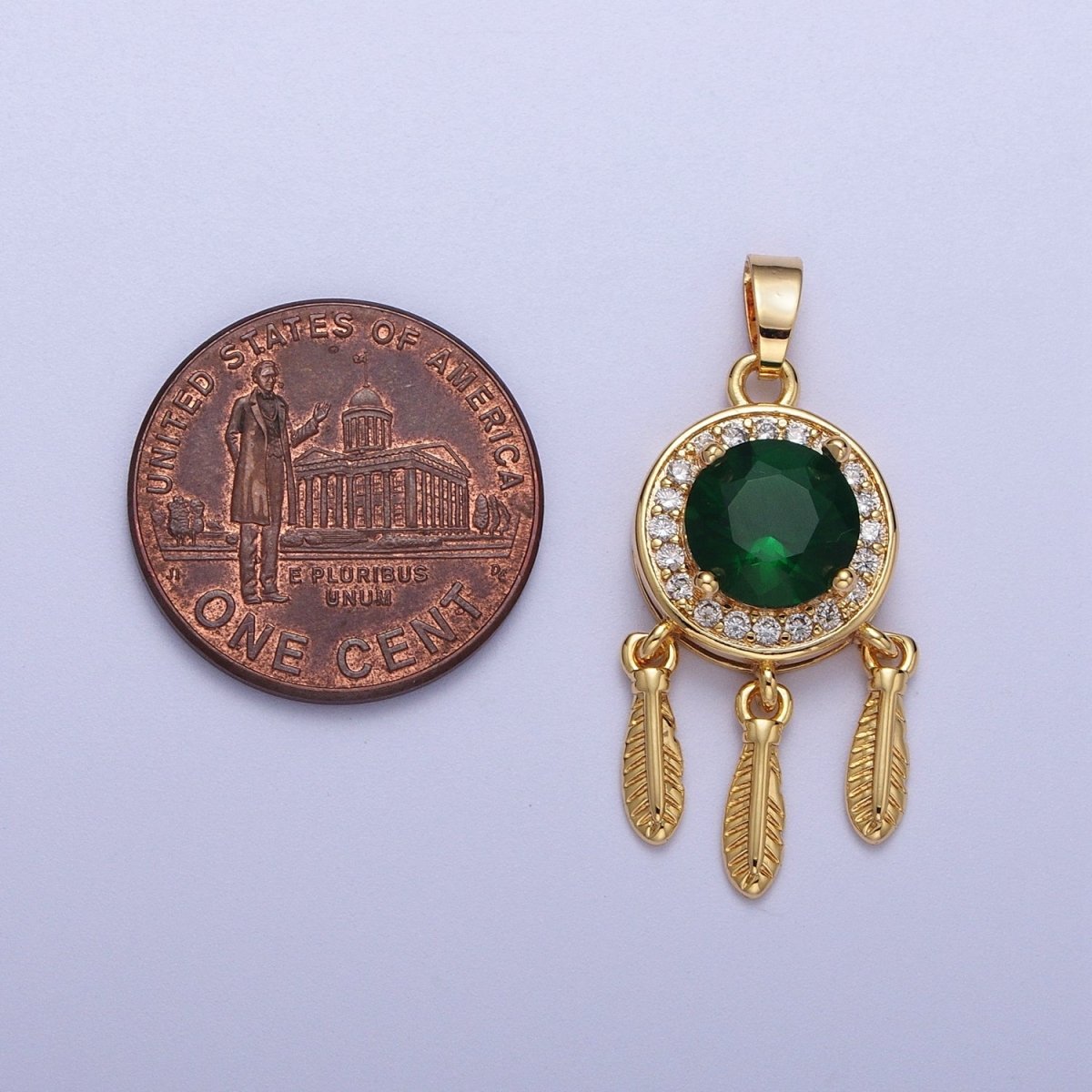 Emerald Green Cz Charm in 16K Gold Filled Dream Catcher Charm Necklace Pendant Boho Charm for Jewelry Making Bohemian Inspired X-696