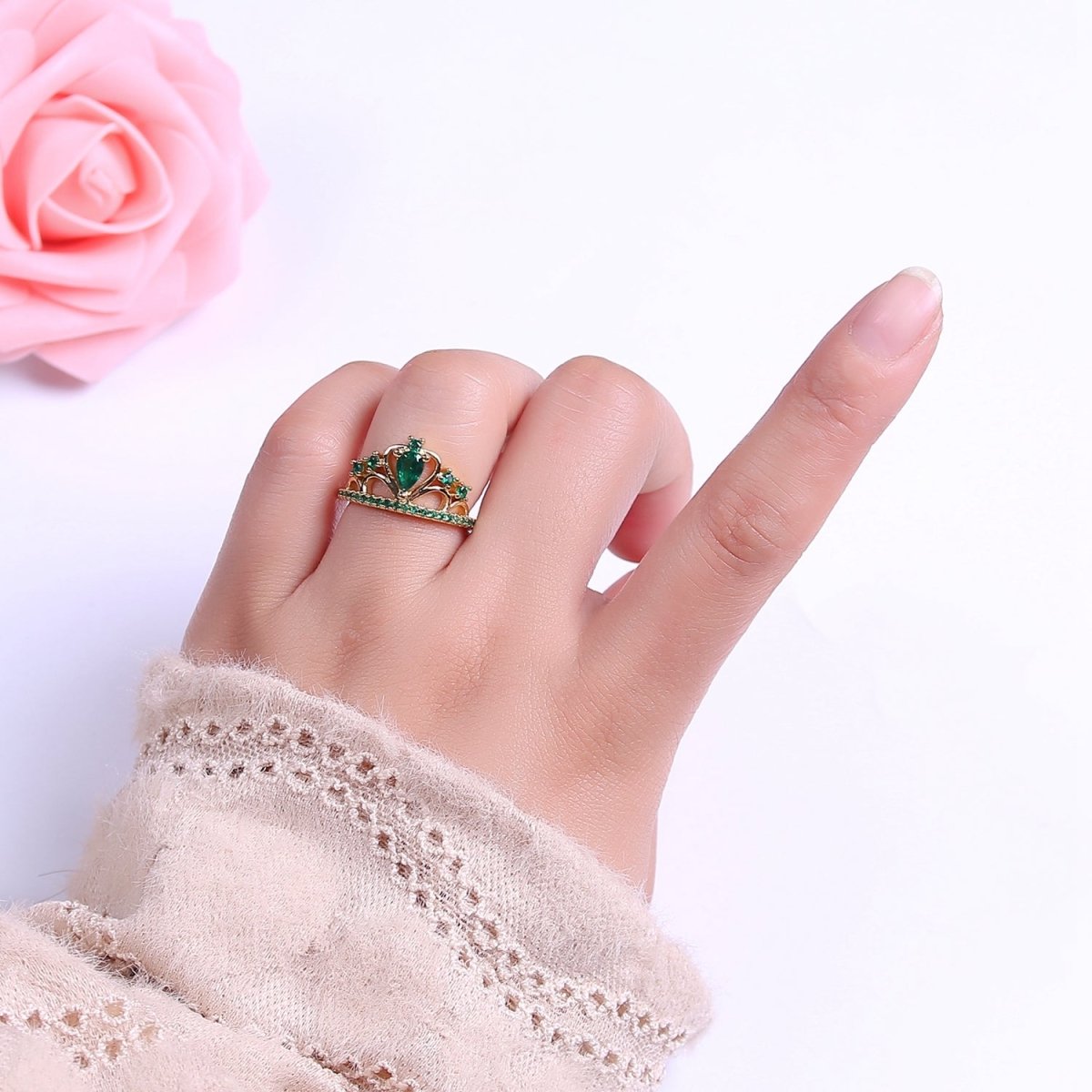 Emerald Green Cz Stone Heart Tiara Ring Open Adjustable Gold Band  O-2038