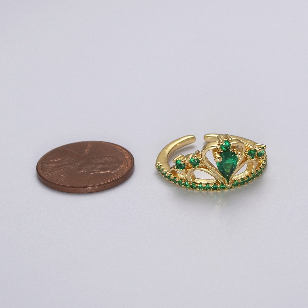 Emerald Green Cz Stone Heart Tiara Ring Open Adjustable Gold Band  O-2038