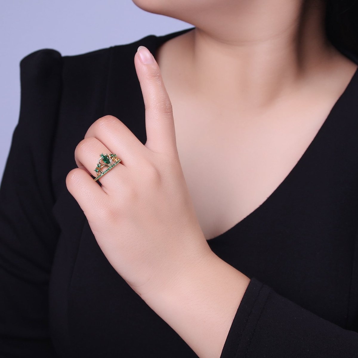Emerald Green Cz Stone Heart Tiara Ring Open Adjustable Gold Band  O-2038