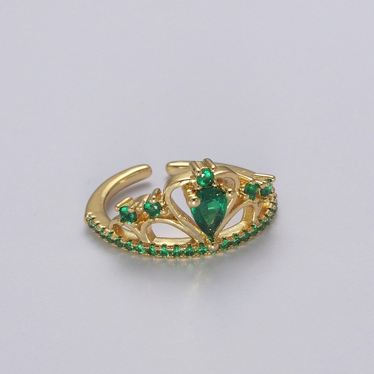 Emerald Green Cz Stone Heart Tiara Ring Open Adjustable Gold Band  O-2038