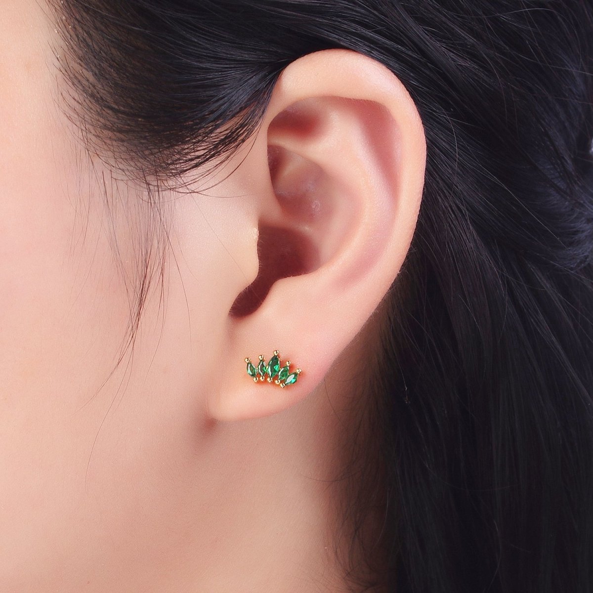 OS Emerald Green Marquise CZ Fan Lined Gold Mini Stud Earrings | AB019