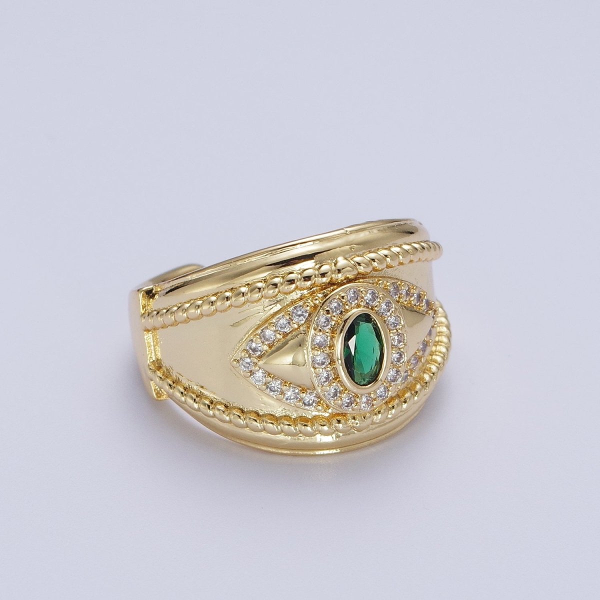 Emerald Green Micro Paved Cubic Zirconia Twist Rope Gold Signet Ring | S-317
