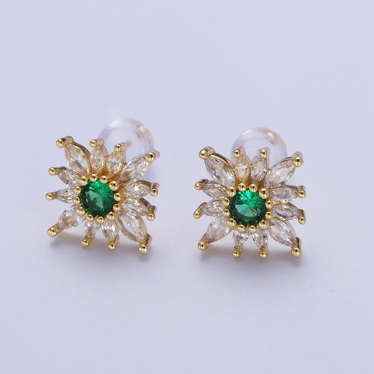 Emerald Green Sun Flower Round Marquise Cubic Zirconia Gold Stud Earrings | AD-587