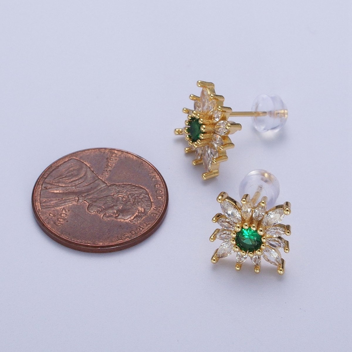 Emerald Green Sun Flower Round Marquise Cubic Zirconia Gold Stud Earrings | AD-587