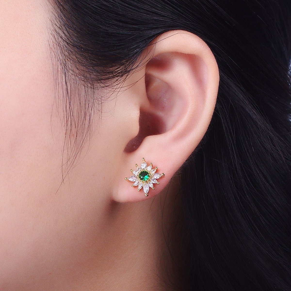 Emerald Green Sun Flower Round Marquise Cubic Zirconia Gold Stud Earrings | AD-587