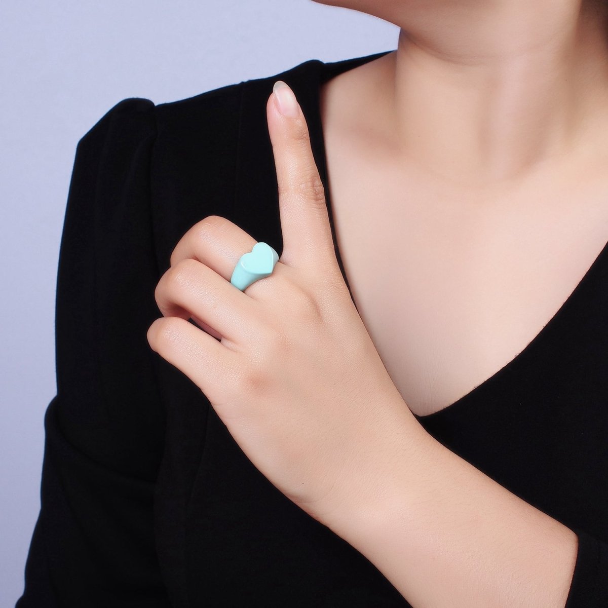 Enamel Baby Blue Heart Signet Y2K Statement Ring Adjustable Ring for Single Lady | O-563