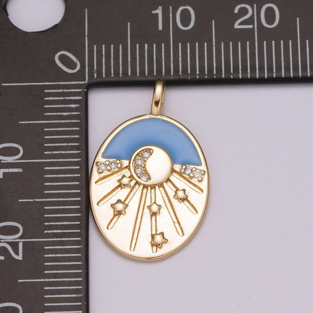 Enamel Starry Night Charm 18k Gold Filled CZ Crescent Moon Charm Pendant Celestial Jewelry Gold Medallion Star burst, M-858