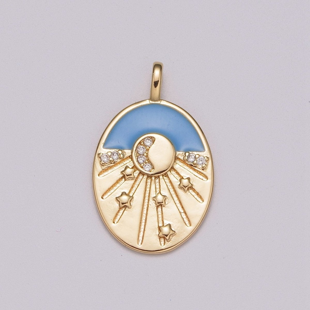 Enamel Starry Night Charm 18k Gold Filled CZ Crescent Moon Charm Pendant Celestial Jewelry Gold Medallion Star burst, M-858