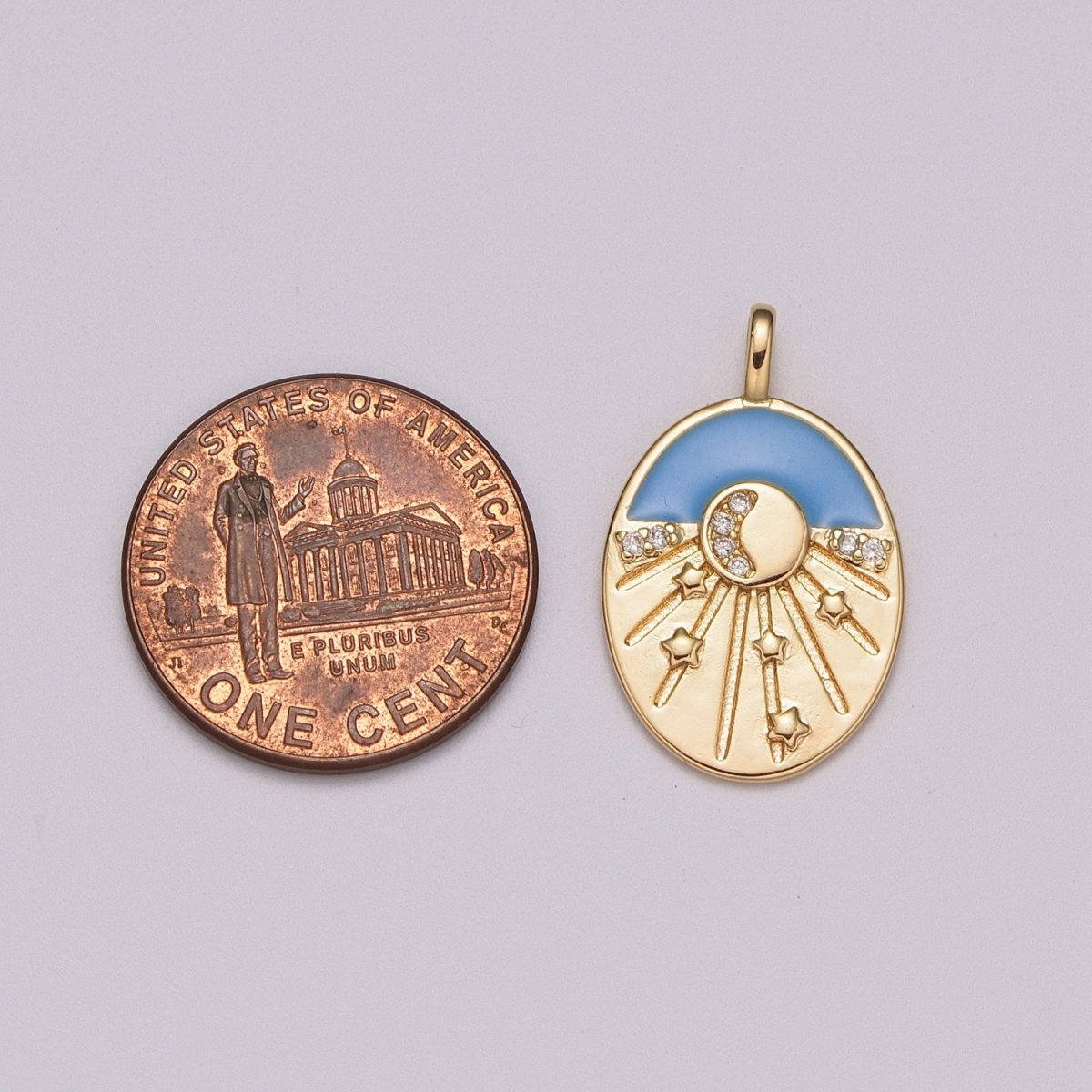 Enamel Starry Night Charm 18k Gold Filled CZ Crescent Moon Charm Pendant Celestial Jewelry Gold Medallion Star burst, M-858