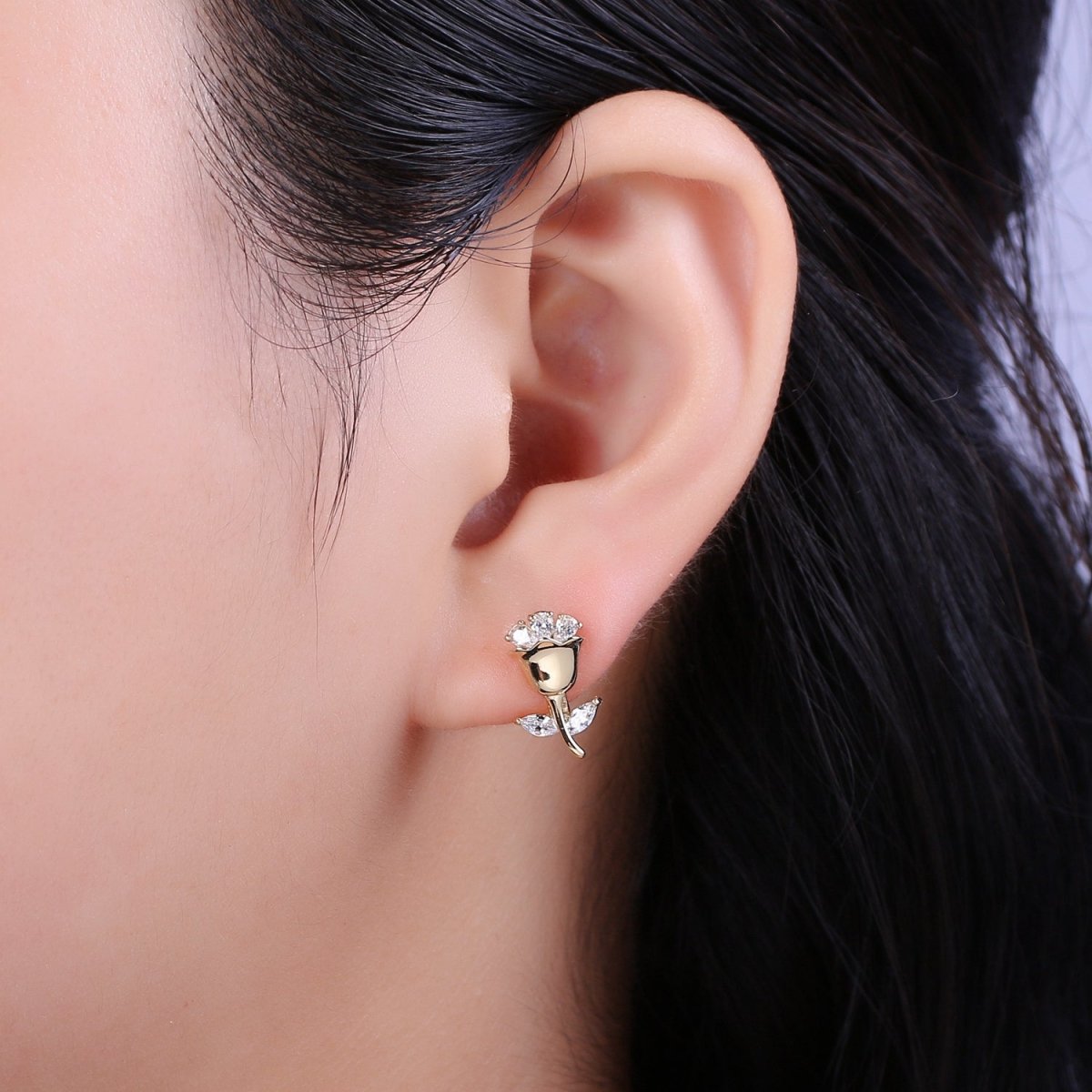 English Rose Huggie Earring - Tiny Gold Rose Flower Earring - Dainty Flower Hypoallergenic Earrings T-218