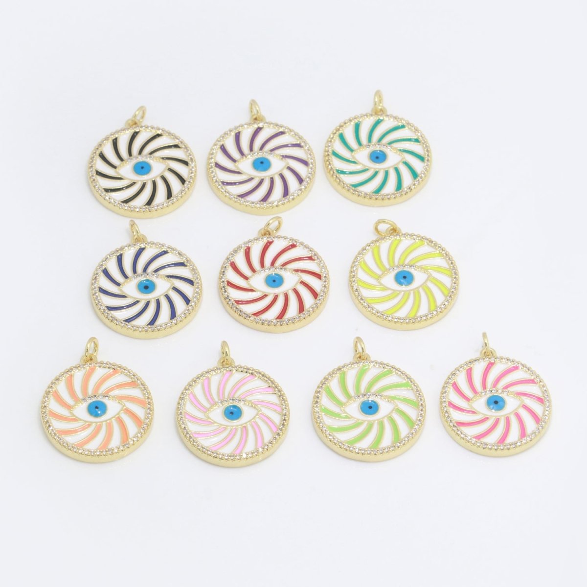 Evil Eye Gold Medallion Colorful Enamel Swirl Coin Charm Pink, Green, Red, Teal, White Color M-721 - M-730