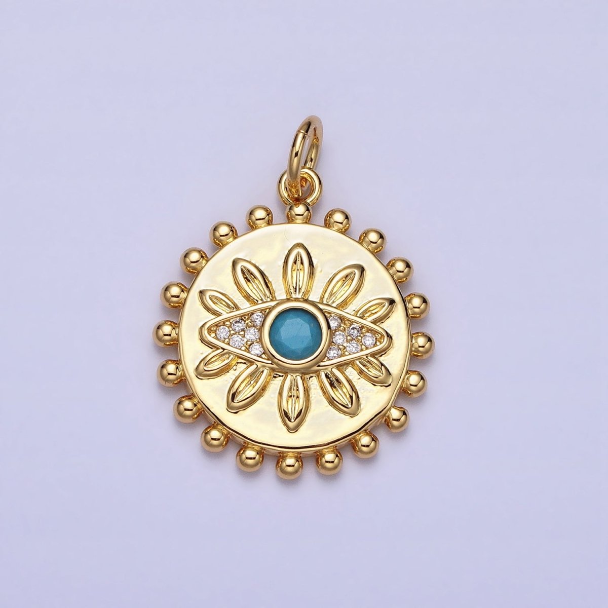 Evil Eye Turquoise Clear Micro Paved CZ Dotted Round Disc Gold Charm | AC362