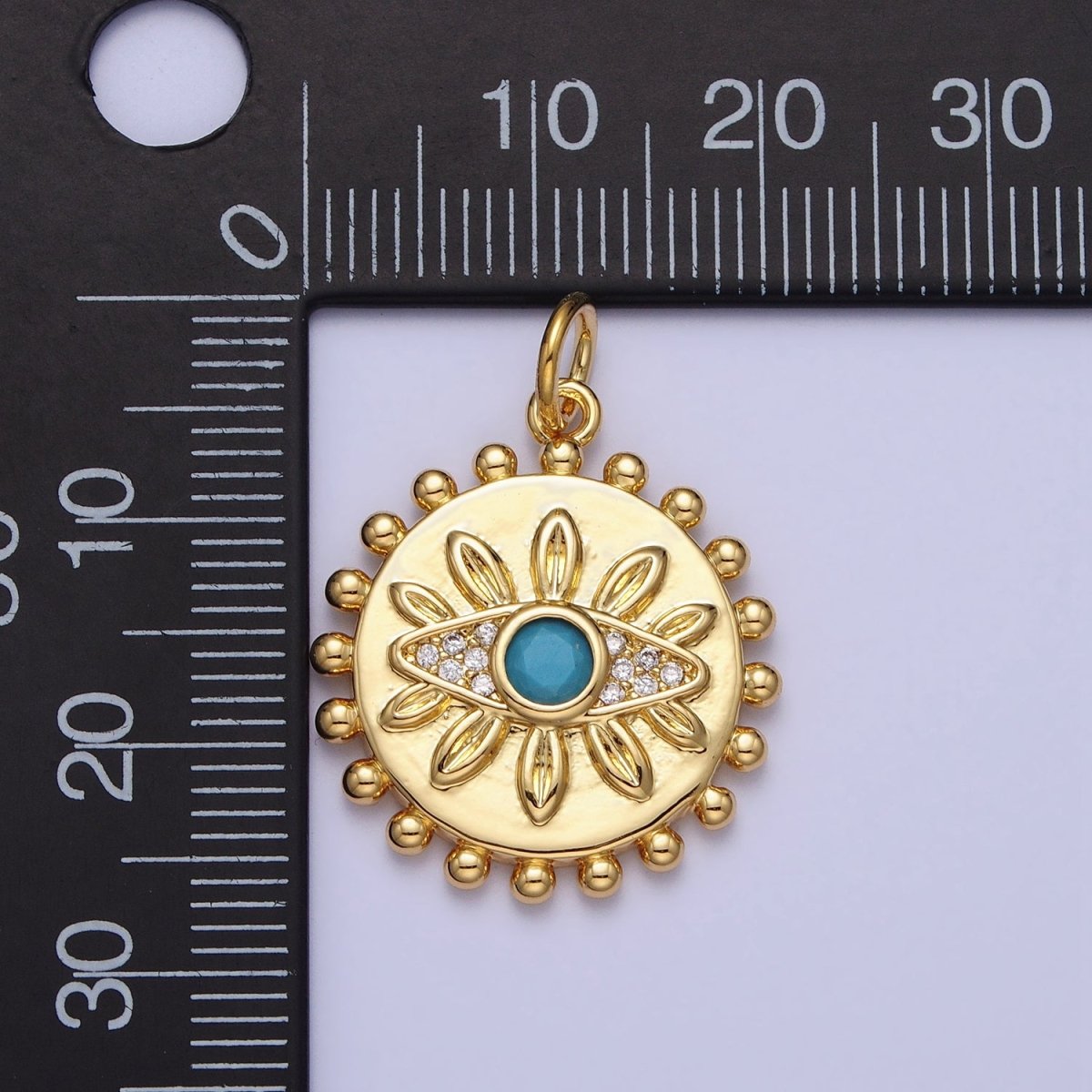 Evil Eye Turquoise Clear Micro Paved CZ Dotted Round Disc Gold Charm | AC362