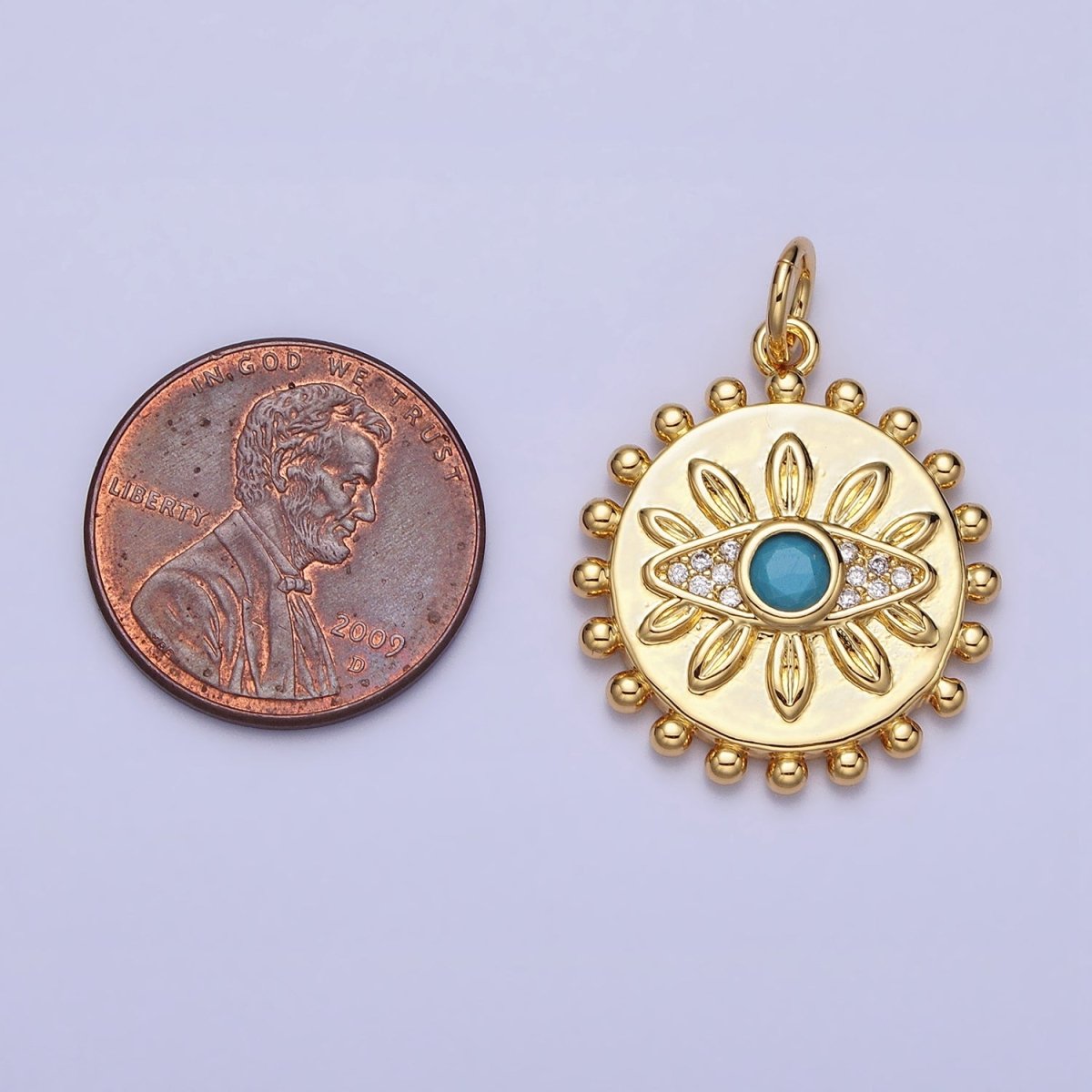 Evil Eye Turquoise Clear Micro Paved CZ Dotted Round Disc Gold Charm | AC362