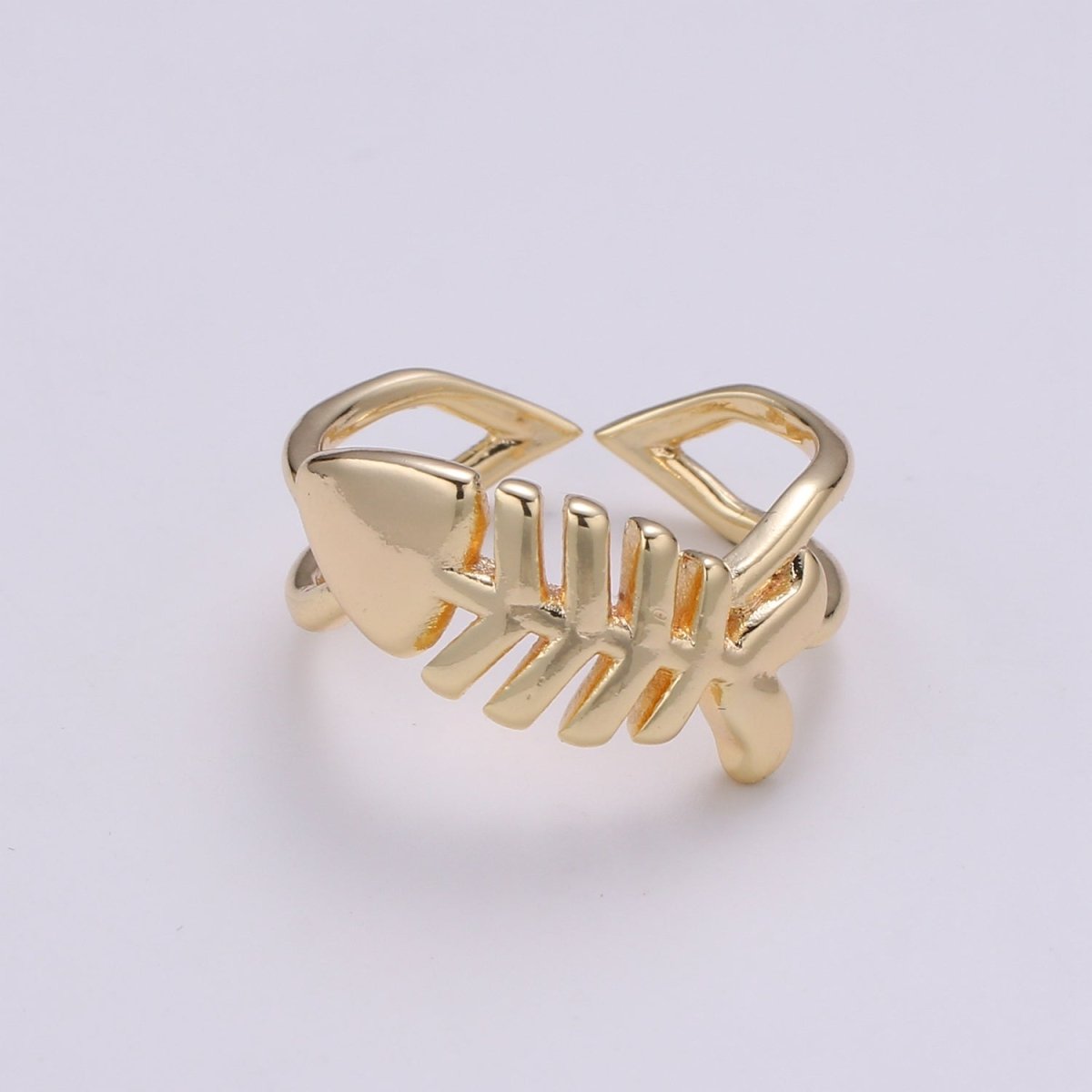 Fish 18k Gold Ring, Adjustable Gold Curb Ring, Simple Bone Frame Ring, Under Water Life R-276