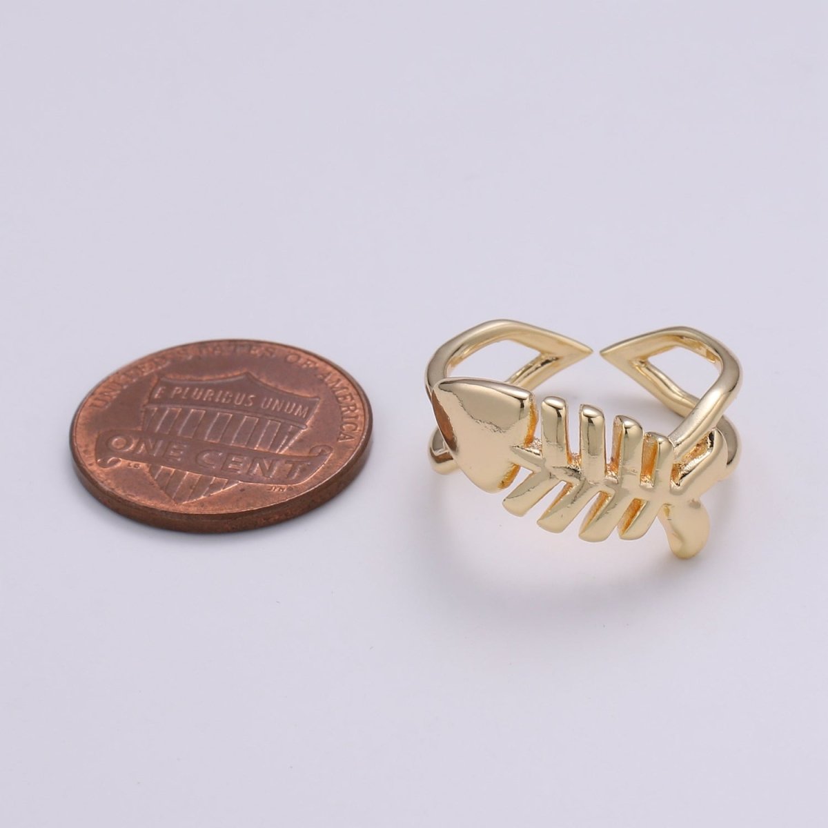 Fish 18k Gold Ring, Adjustable Gold Curb Ring, Simple Bone Frame Ring, Under Water Life R-276