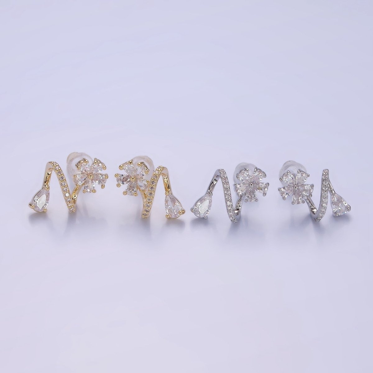 Flower CZ Teardrop Micro Paved Curved Stud Earrings in Gold & Silver | V512 V513