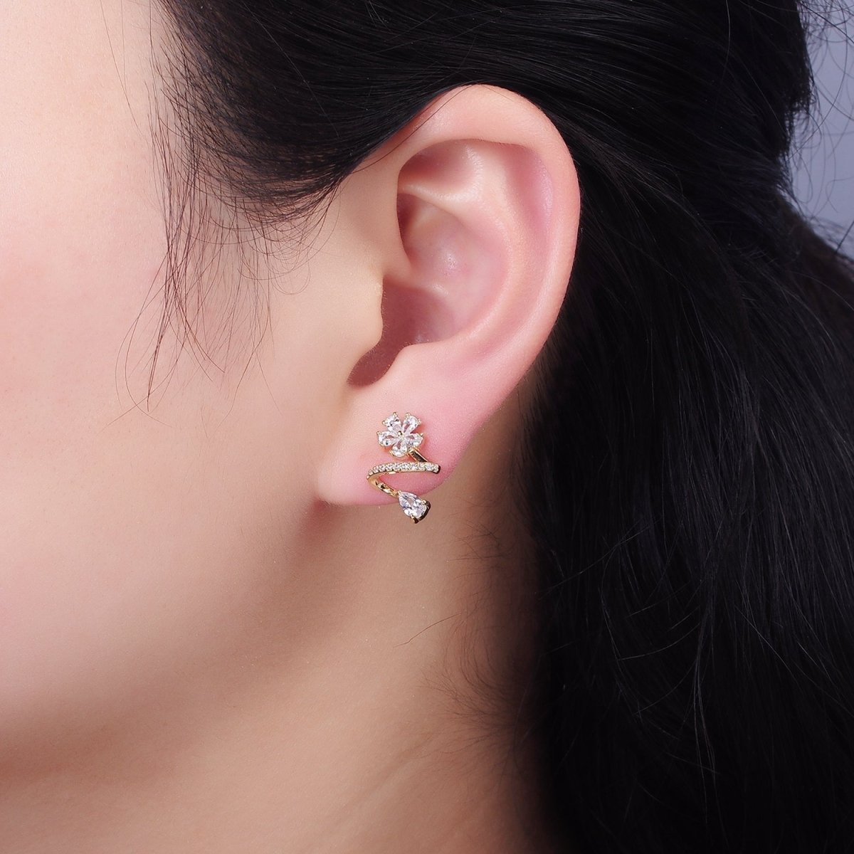 Flower CZ Teardrop Micro Paved Curved Stud Earrings in Gold & Silver | V512 V513