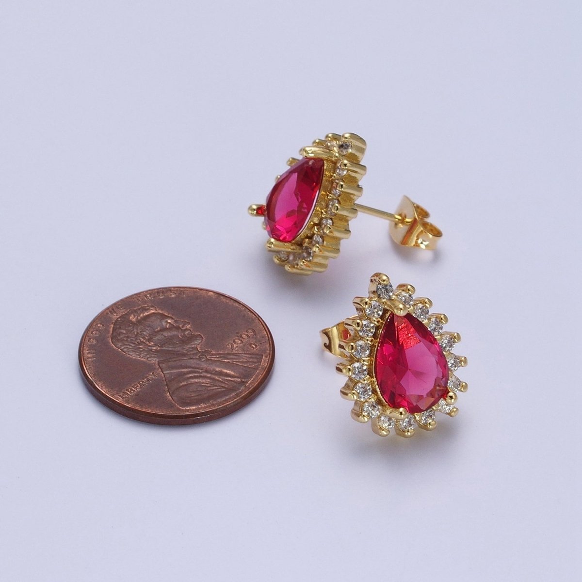 Fuchsia & Clear Teardrop Cubic Zirconia Celestial Sun Burst Gold Stud Earrings | AD-578