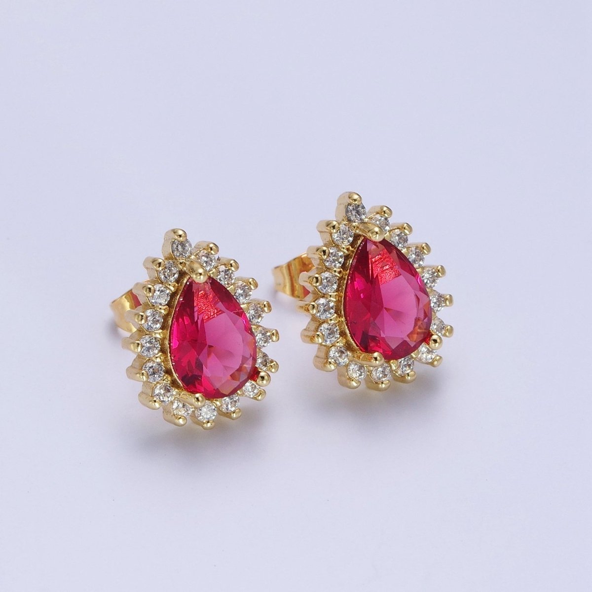 Fuchsia & Clear Teardrop Cubic Zirconia Celestial Sun Burst Gold Stud Earrings | AD-578