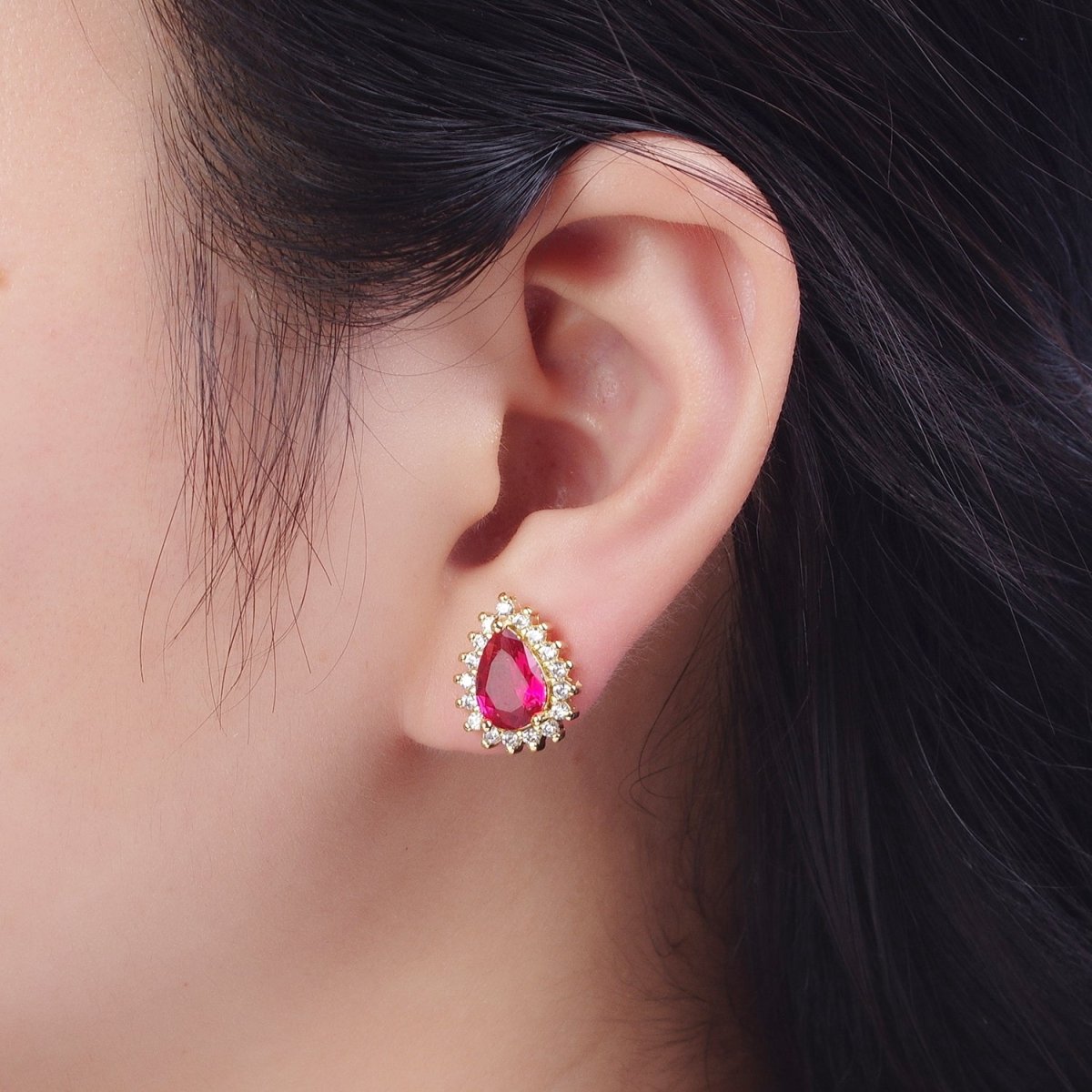 Fuchsia & Clear Teardrop Cubic Zirconia Celestial Sun Burst Gold Stud Earrings | AD-578