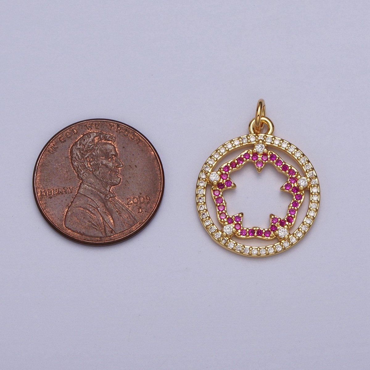 Fuchsia Flower Outline Micro Paved Clear CZ Open Round Gold Charm | AC018
