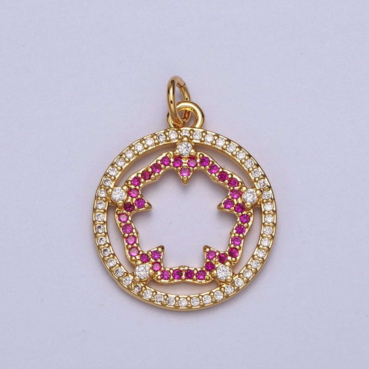 Fuchsia Flower Outline Micro Paved Clear CZ Open Round Gold Charm | AC018