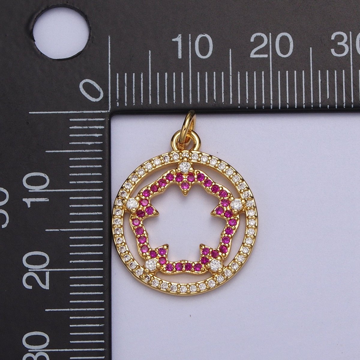 Fuchsia Flower Outline Micro Paved Clear CZ Open Round Gold Charm | AC018