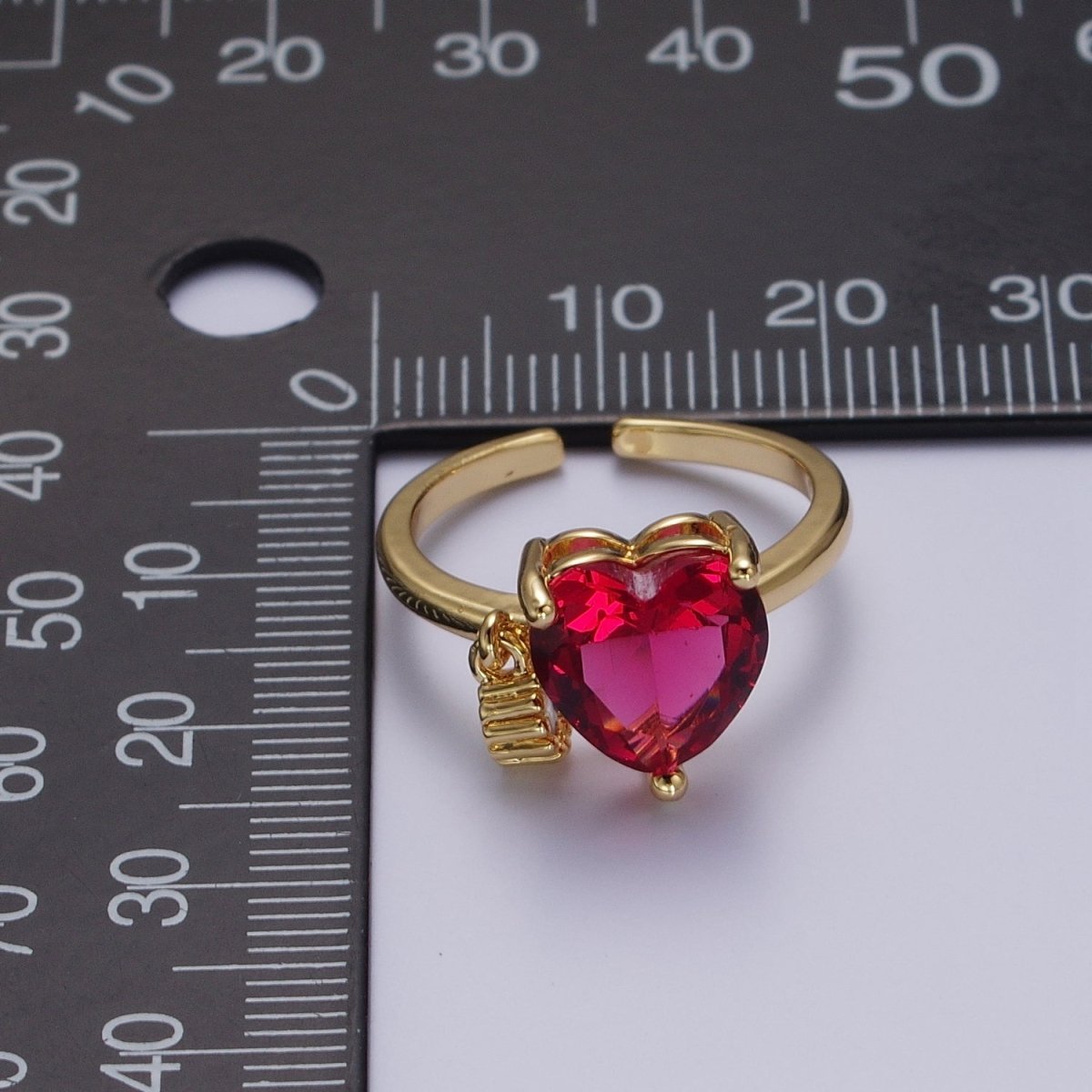 Fuchsia Heart Cubic Zirconia Dangle Charm Adjustable Gold Ring | O-019